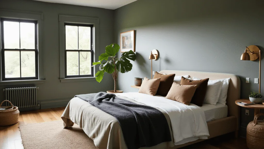 "Sage green bedroom with white and cream bed linens, brass accents, velvet pillows, jute rug, and a potted fiddle leaf fig"