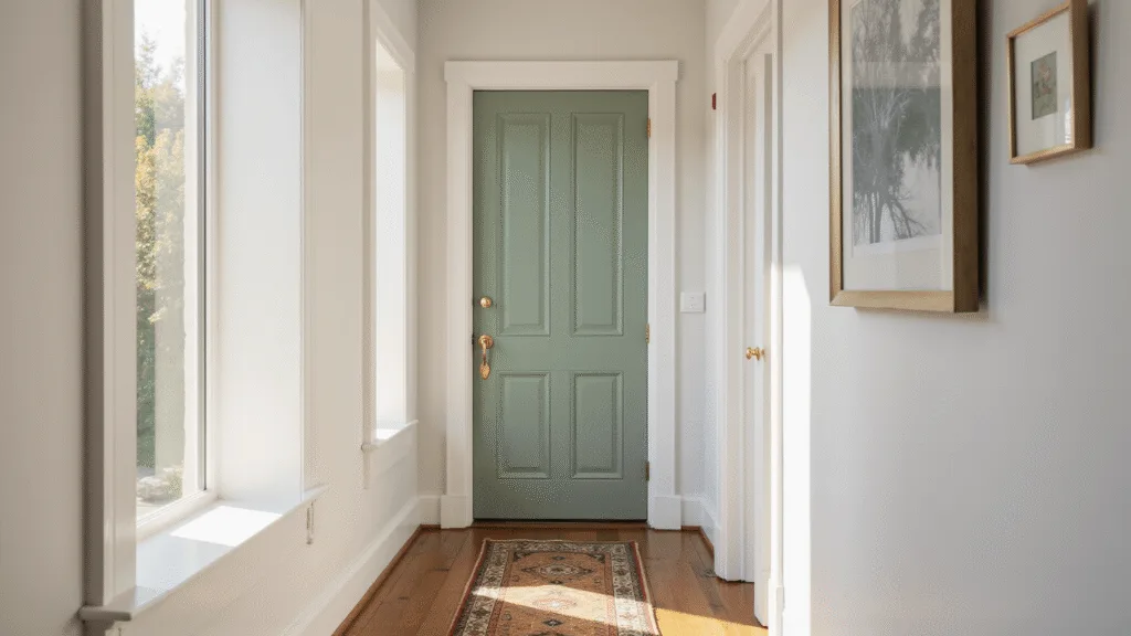 "Sage green door with polished brass hardware in a sunlit hallway with white walls, oak flooring, and a vintage runner."