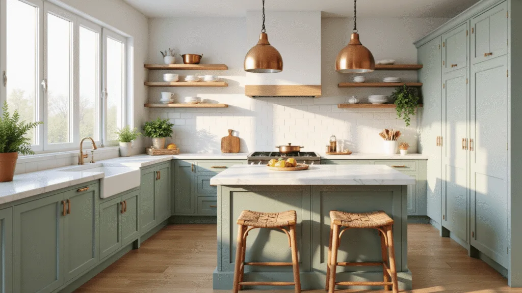 "Modern farmhouse kitchen in sage green with marble countertops, oak shelves, copper pendant lights, and rustic decor, bathed in soft, natural lighting."
