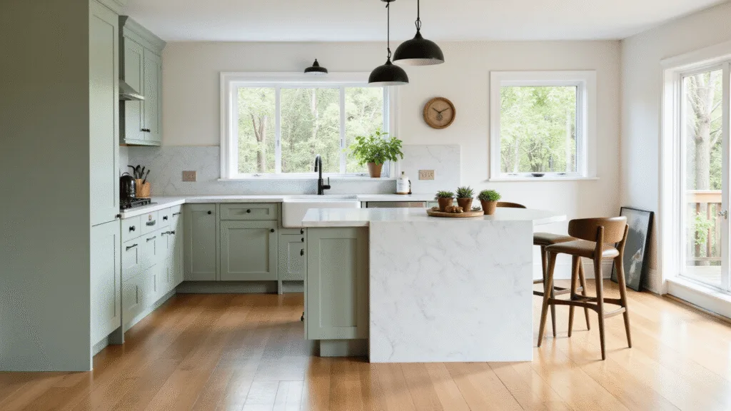 "Modern kitchen with sage green cabinets, white marble island, and natural oak floors with natural light from large windows"