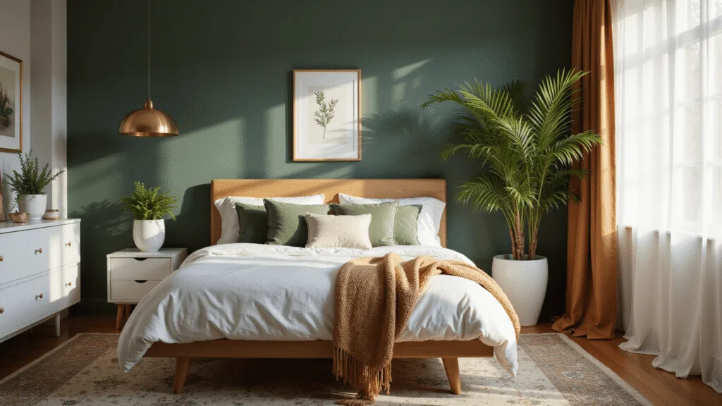 "Sage green bedroom with white linen bedding, velvet pillows, brass pendant lights, and natural elements in morning light"