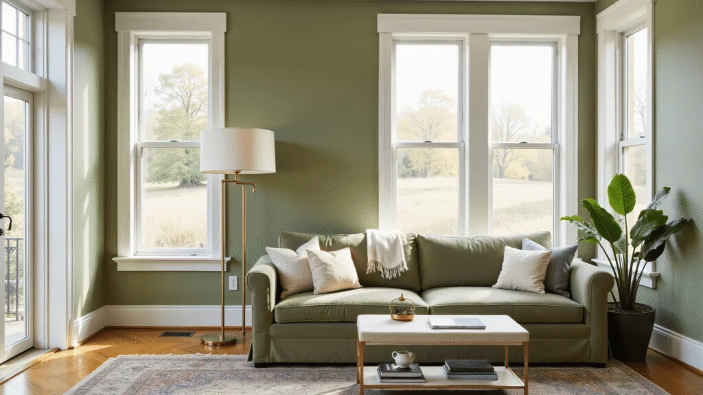 "Sage green living room with natural light, velvet textures and brass accents"
