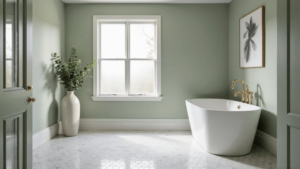 "Luxurious bathroom with sage green walls, white freestanding tub, marble hexagonal floor, brass fixtures, and eucalyptus branches in ceramic vase in natural morning light"