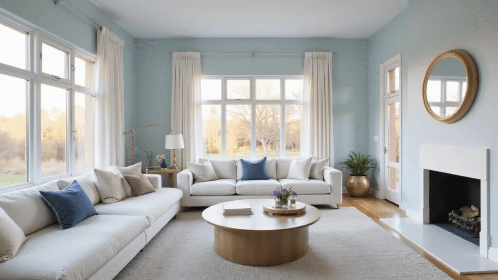 "Bright and minimalist Scandinavian living room with pale blue walls, white furniture, tall windows during golden hour, and natural textures"