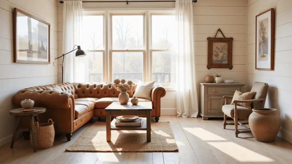 "Sunlit farmhouse living room with rustic furniture and warm golden hour lighting"