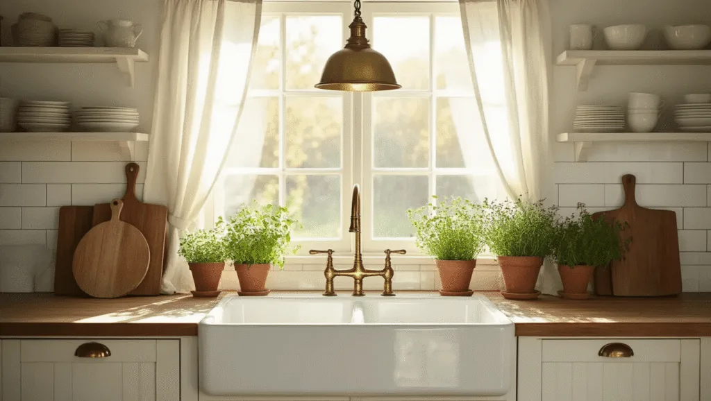 "Farmhouse kitchen with apron sink, brass pendant light, wooden cutting boards and fresh herbs in pots under morning sunlight"