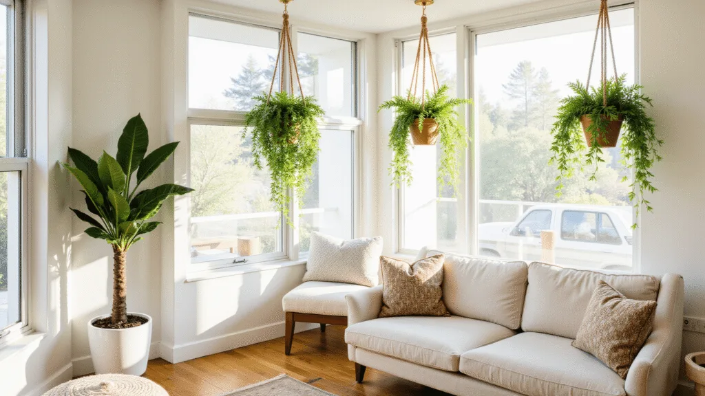 "Bright living room with pothos and ferns in macramé planters, sunlit through floor-to-ceiling windows with mid-century modern furniture"