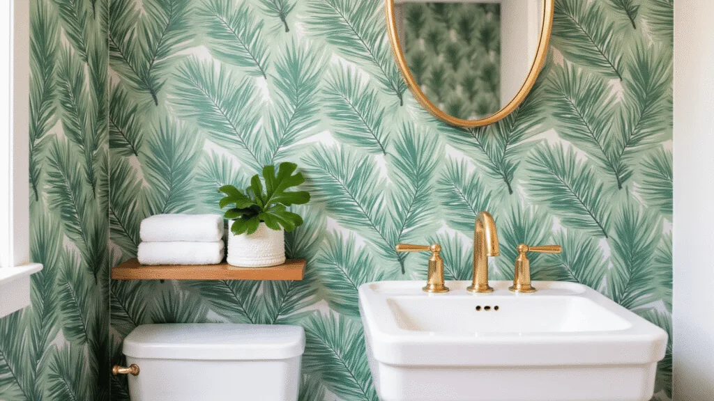 "Small bathroom adorned with tropical palm leaf wallpaper, brass fixtures, a teak shelf holding white towels and a monstera plant, illuminated by soft morning light"