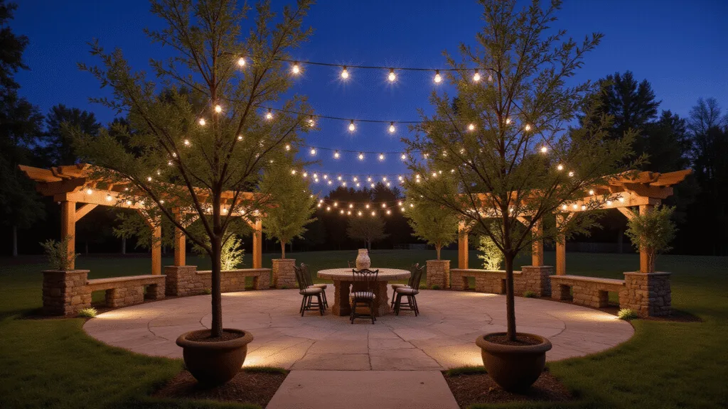 "Twilight garden scene with Edison string lights, illuminated stone pathways, warmly uplit trees, pergola with subtle LED lighting, and potted olive trees in blue hour lighting."