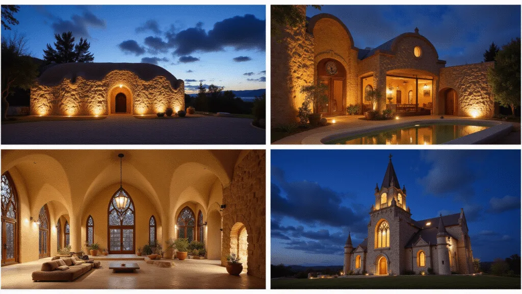 "Cave dwelling, leaf house, and converted church homes with unique architectural designs at twilight"