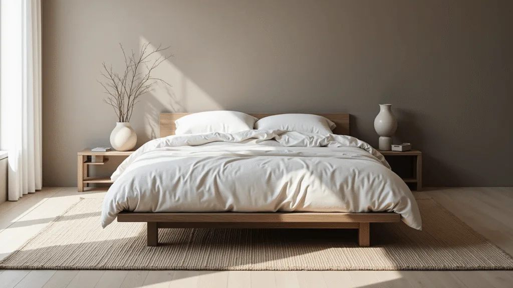 "Wabi-sabi style bedroom with serene morning light illuminating a worn wooden platform bed with rumpled linen bedding, a ceramic vase, a jute rug; all decorated in muted earth tones and soft shadows."