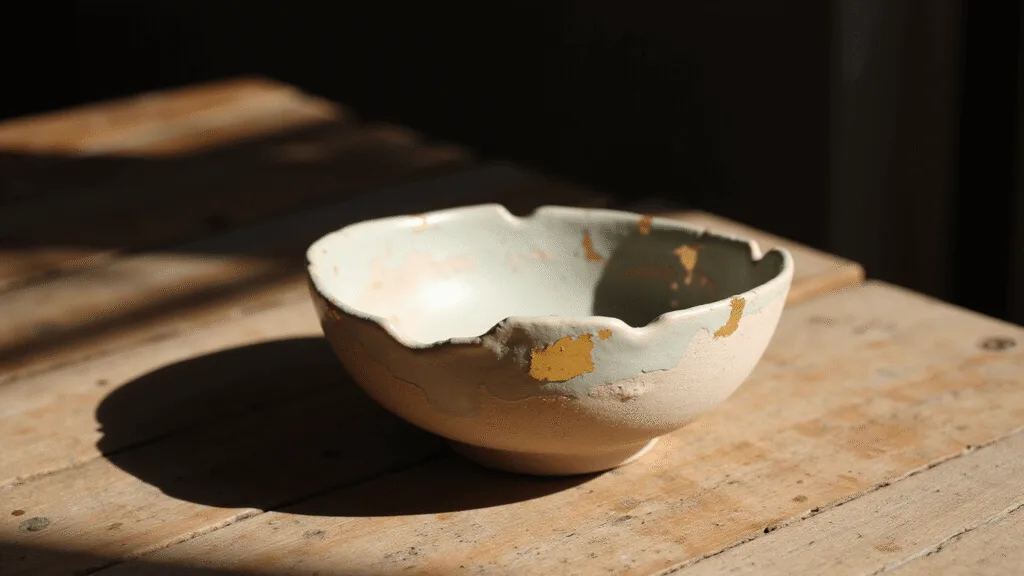 "Handmade ceramic bowl with organic textures and gold kintsugi repairs resting on a weathered wooden table in warm natural light"