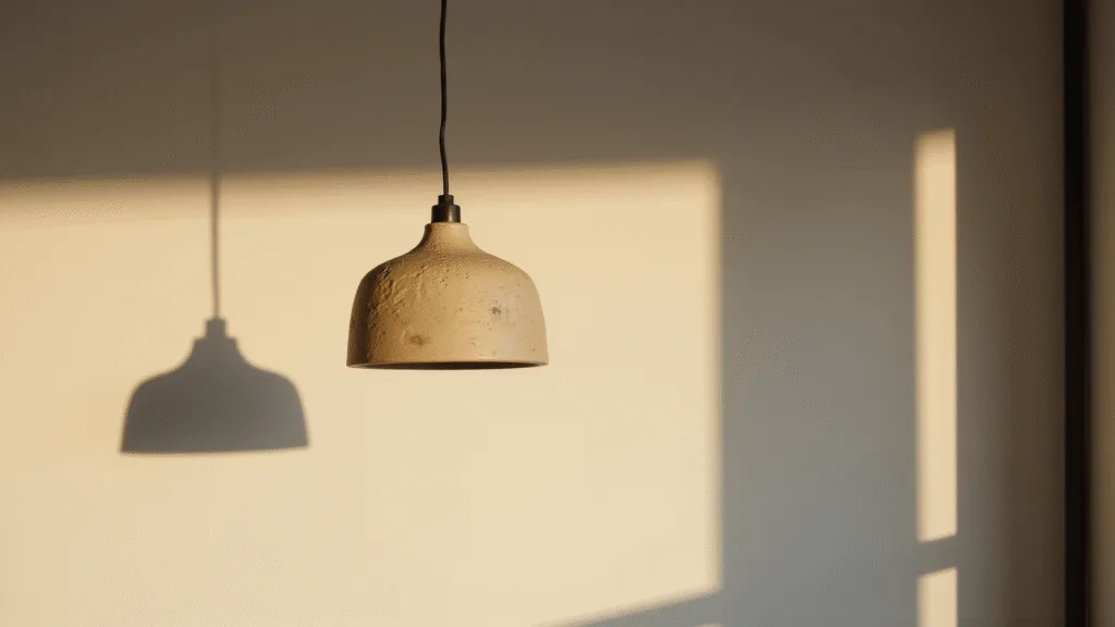"Wabi-sabi handcrafted ceramic pendant light with textured surface, providing warm glow in a Zen-inspired living room"