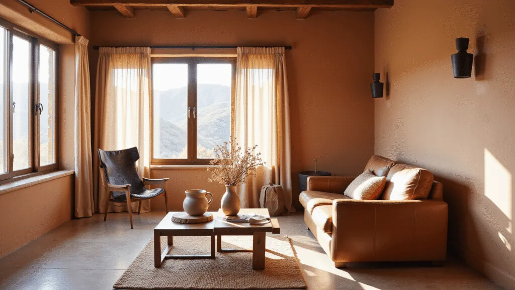 "Warm, serene living room with rustic wooden furniture, handmade ceramics, worn leather armchair, natural linen curtains and textured clay walls in golden hour light."