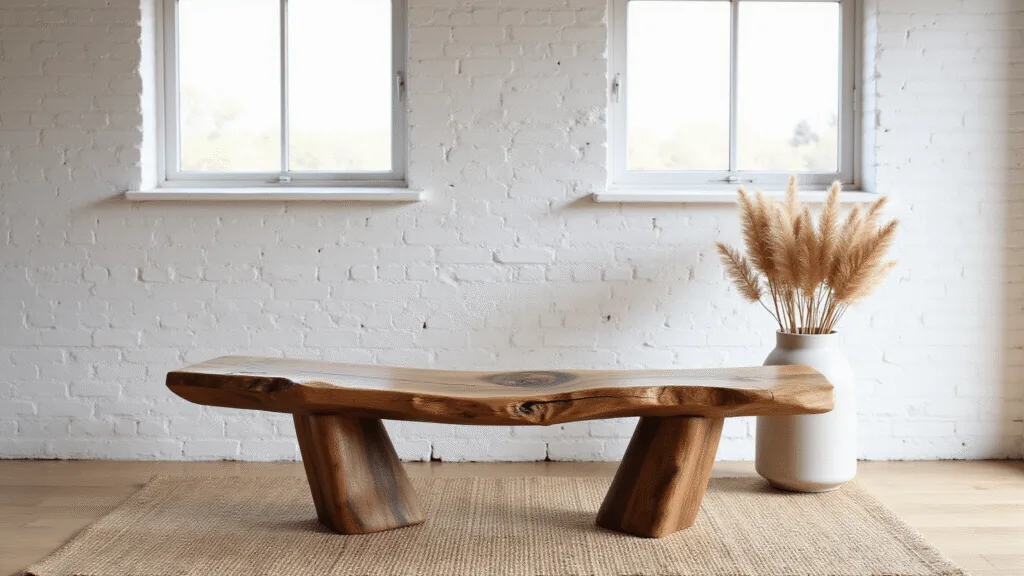 "Handcrafted live-edge walnut bench against a white brick wall with a minimalist arrangement of dried pampas grass in a matte ceramic vessel on a jute rug, bathed in soft morning light"