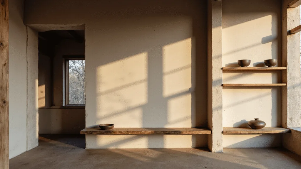 "Japanese zen interior with raw limestone walls, handcrafted ceramics, weathered wood, natural light and shadows in earthy tones"