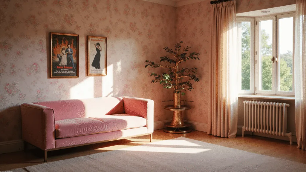 "Sunlit whimsical living room with pink velvet sofa, brass tree-shaped bookshelf, floral wallpaper, and vintage movie posters"