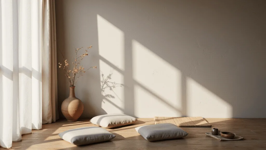 "A serene zen meditation corner with weathered wooden floors, raw silk cushions, handmade vase with a branch, copper incense holder, and a textured clay wall in soft morning light."