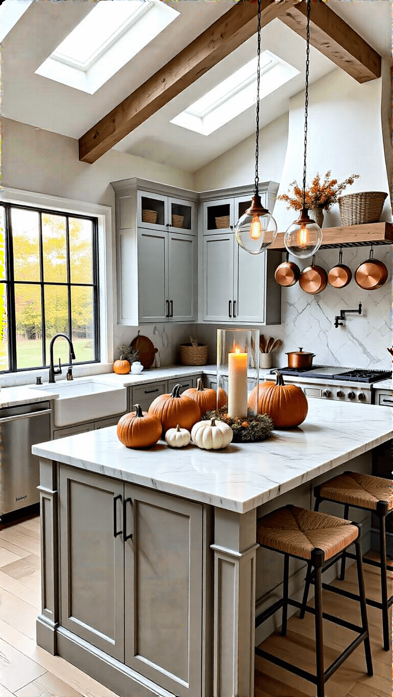 Elevated view of a cathedral-ceiling kitchen with exposed wood beams, light gray cabinets, Carrara marble surfaces, and a fall-inspired centerpiece on an oversized island. Skylights illuminate hanging copper pots and dried floral arrangements in woven baskets atop upper cabinets.