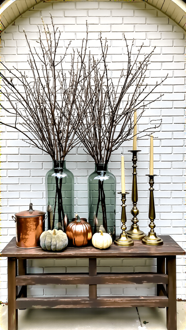 Mid-day view of a 6' white brick mantel styled with mercury glass vases filled with oak branches, brass candlesticks, vintage copper vessels, and ceramic pumpkins in earth tones, under natural skylight and accent lighting.