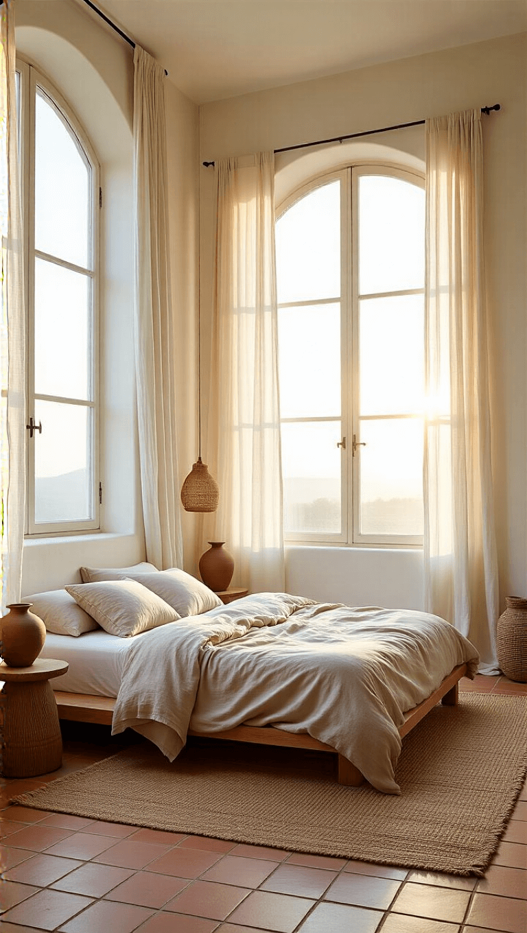 A serene 16x20ft primary bedroom at dawn with natural linen draped tall windows, a platform bed dressed in warm beige linens, handwoven jute rug over terracotta tiles, whitewashed textured plaster walls, carved wooden side tables with ceramic lamps, captured from a low angle with morning light filtering through drapes.