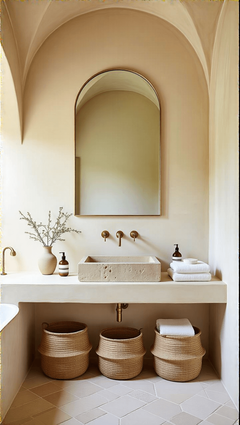 Midday view of a minimalist 10x12ft spa-like bathroom with warm ivory Venetian plaster walls, floating stone vanity with hammered brass fixtures, floor-to-ceiling arched mirror, handmade zellige tiles, woven storage baskets, and linen towels.