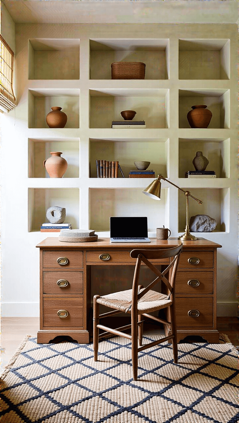 Cozy 14x16ft home office filled with afternoon light, featuring built-in plastered shelves, a vintage wooden desk, rush-seated chair, handwoven wool rug with geometric pattern, brass task lamp, and carved stone accessories.
