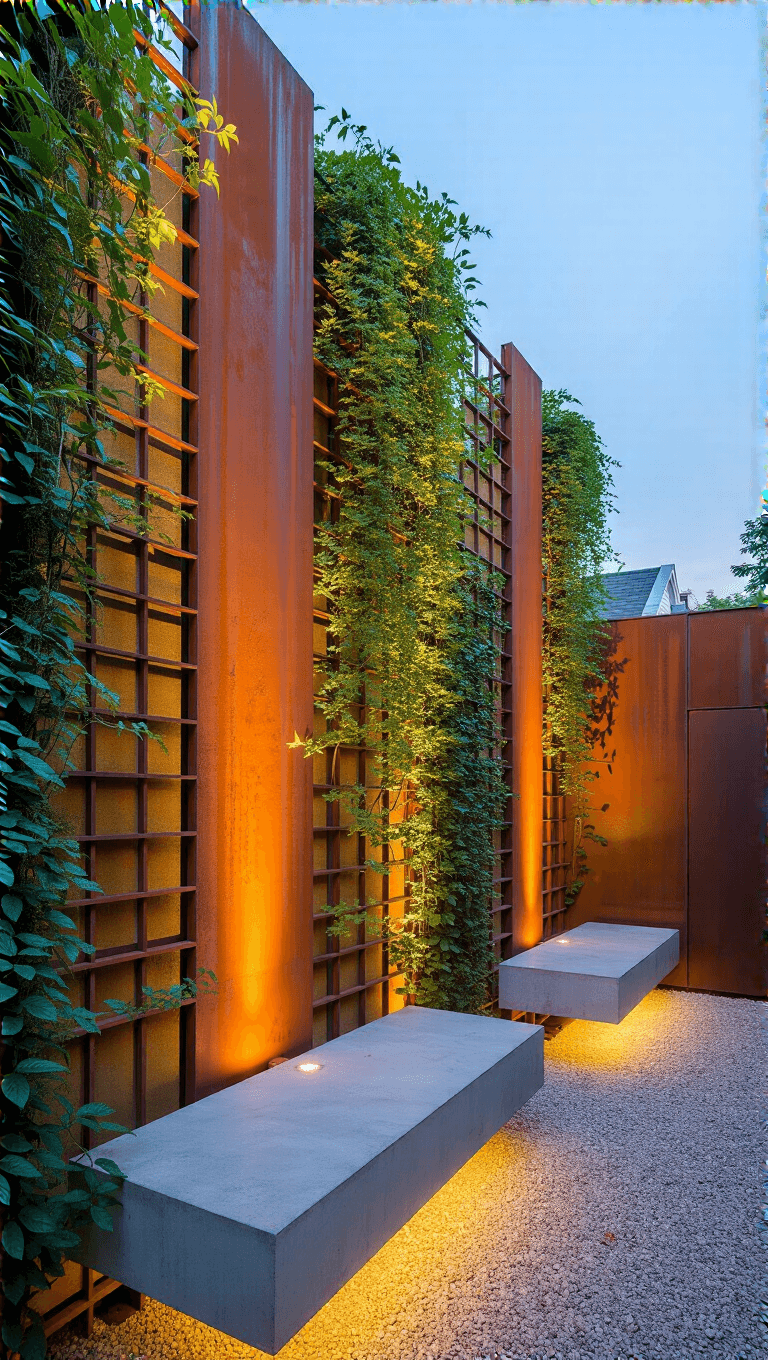 Late afternoon view of a vertical oasis in a 10x20ft townhouse garden featuring a modernist trellis system, weathered steel panels, and climbing jasmine walls, with floating concrete benches over a gravel base, bathed in light from LED strips.