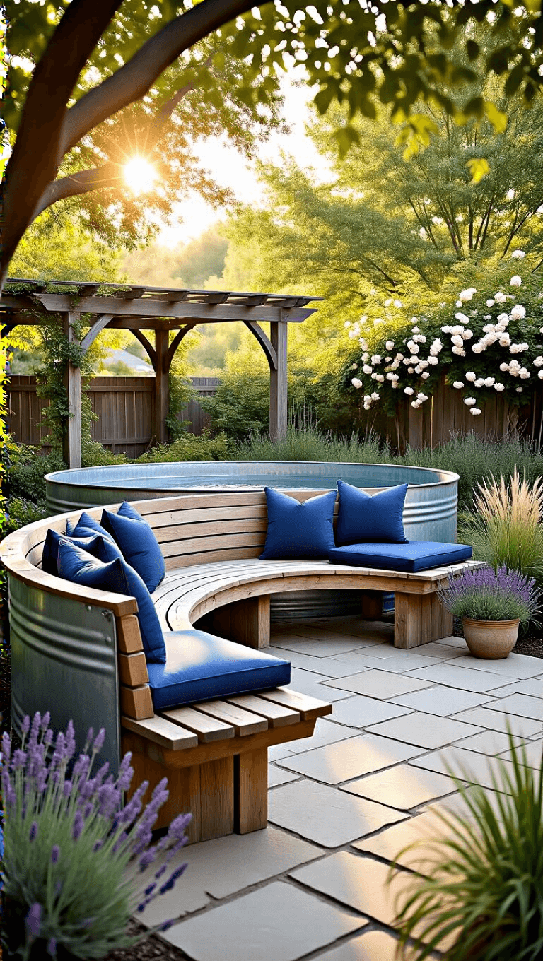 Backyard with sunlit 8-foot galvanized stock tank pool, curved cedar bench with navy blue cushions on stone pavers, surrounded by potted lavender and grasses, under a rose-covered pergola in soft focus