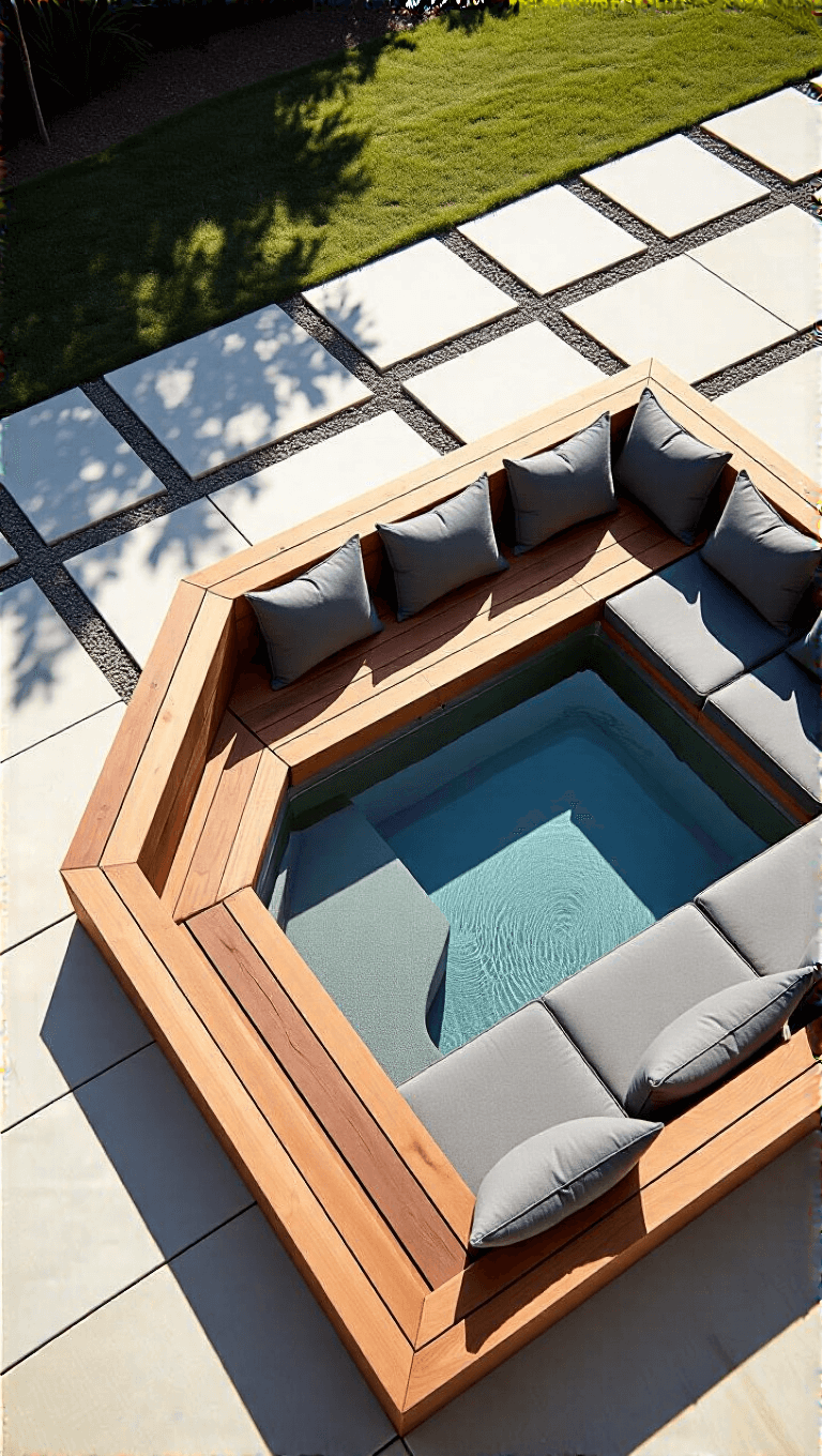 Modern minimalist stock tank pool with L-shaped redwood bench and charcoal gray cushions, surrounded by light gray geometric concrete pavers under professional studio lighting, casting dramatic morning shadows