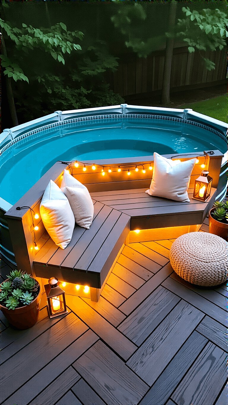 Aerial view of a DIY octagonal stock tank pool with handcrafted bench, illuminated by warm LED lights and accented with ivory pillows, a jute pouf, copper lanterns, and potted succulents against a herringbone pattern deck at dusk.
