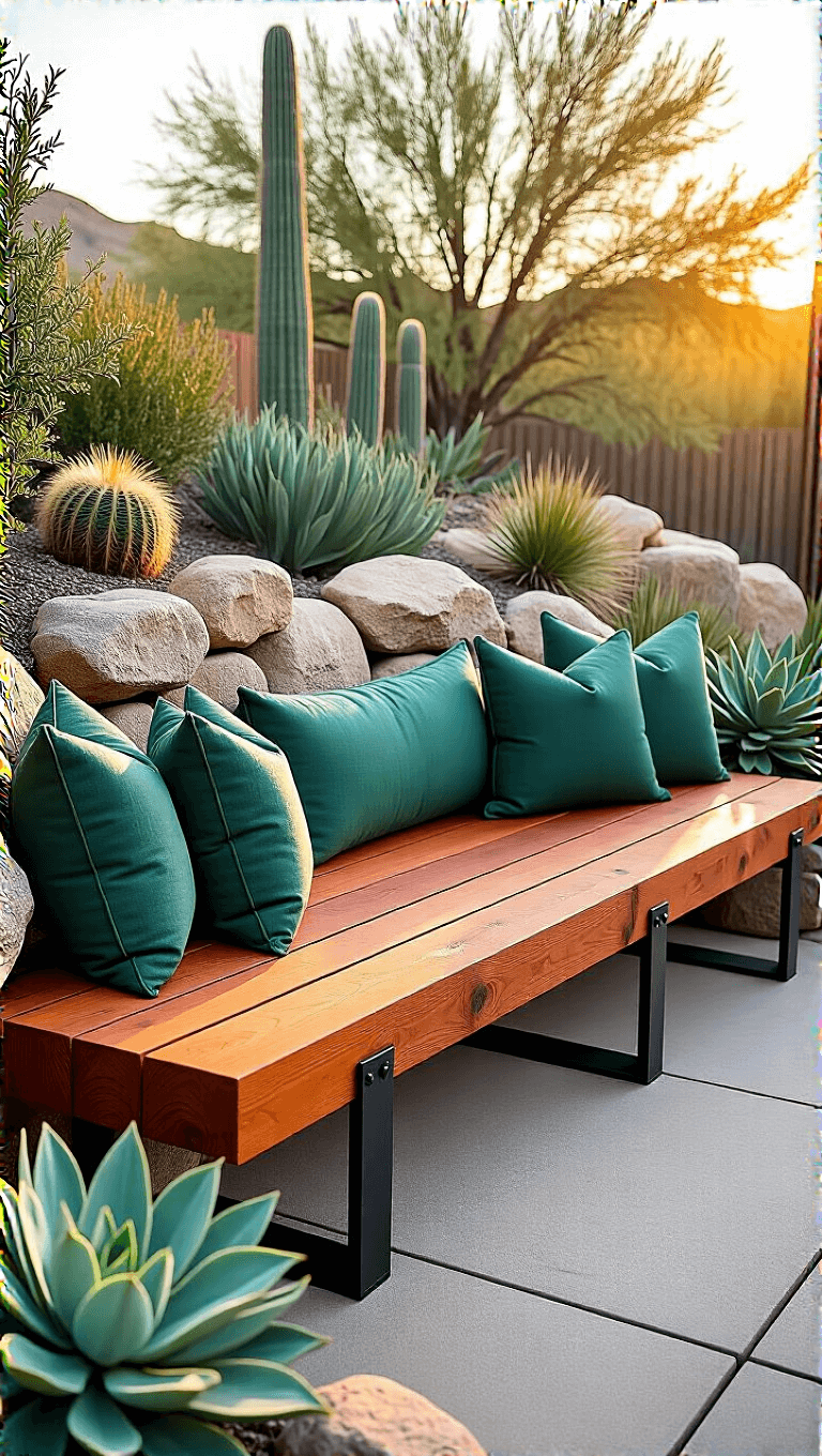 Rustic-modern stock tank setup with redwood bench, black metal brackets, and emerald green cushions, surrounded by natural rock garden during golden hour.