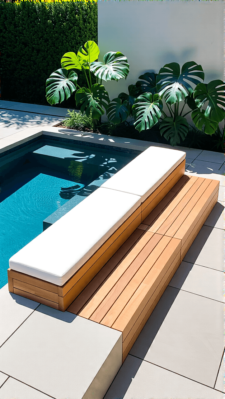 Bright contemporary poolside setting featuring low-profile cedar bench with white cushions and built-in storage, gray concrete pavers, and strategically placed monstera plants captured in midday sun