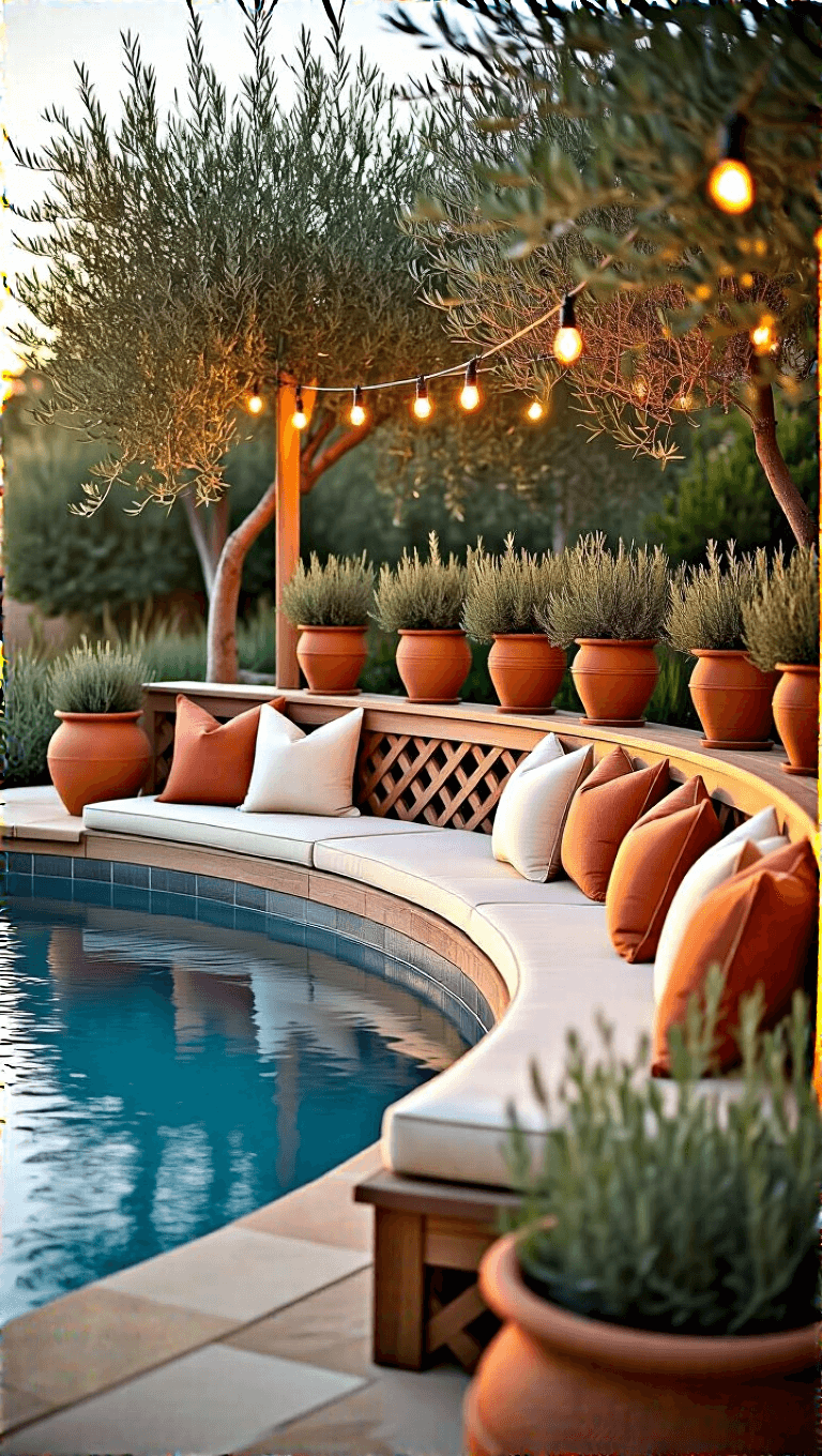 Mediterranean-inspired stock tank pool area at sunset with custom teak bench, terracotta pots with olive trees, and string lights
