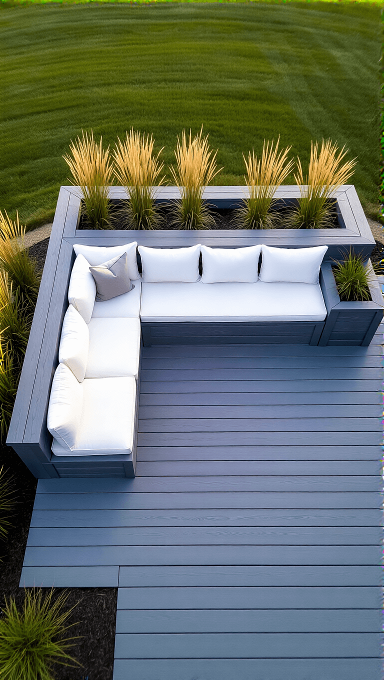 Overhead drone shot of a modern farmhouse with gray deck, L-shaped bench, built-in planter boxes, white cushions and green ornamental grasses during blue hour