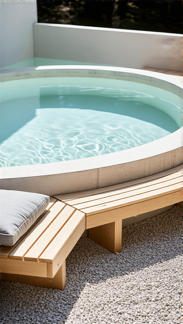 Scandinavian-minimal pool setting in morning light with blonde Finnish pine bench, light gray cushions, and pale gravel