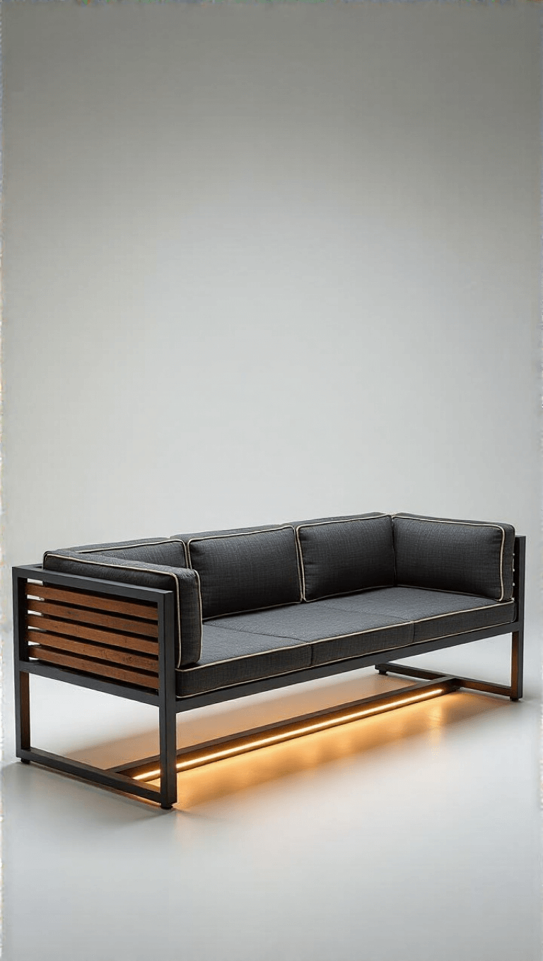 Modern-industrial bench with steel frame, ipe wood slats and charcoal fabric cushion, accentuated with LED underlighting in studio setting