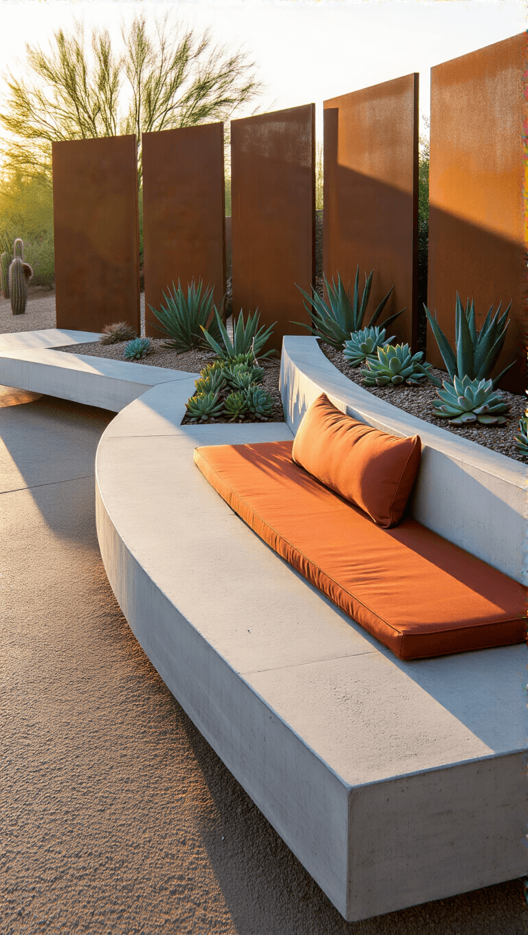 Floating concrete bench with integrated succulent planters in a desert setting during magic hour, complemented with terra cotta cushions and Cor-ten steel privacy screens, highlighted by low angled sun and professional lighting