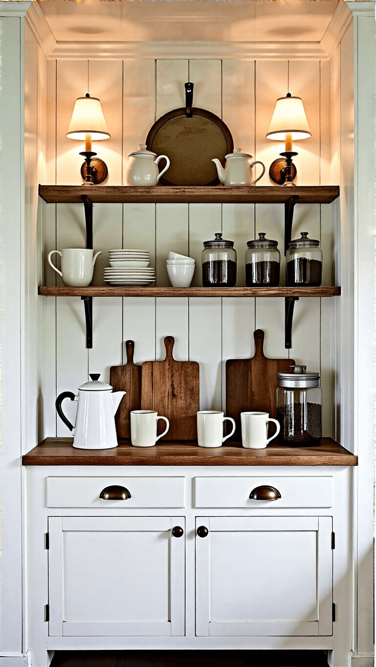 Vintage-style farmhouse kitchen corner with moody lighting, exposed wooden shelving, white French press, stoneware mugs, glass canisters of coffee beans, distressed white cabinet, and antique mirror at dusk.