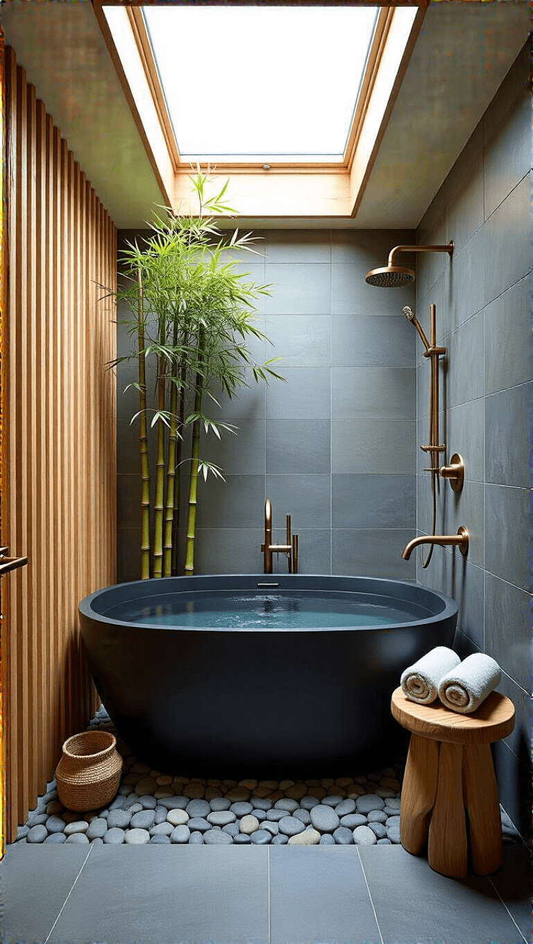 Early morning light illuminating a zen-inspired 6x8ft bathroom featuring a matte black stone tub, shower zone with cedar slats and river rock flooring, slate gray tiles with brushed brass fixtures, and organic elements of potted bamboo and wooden stool with rolled towels.
