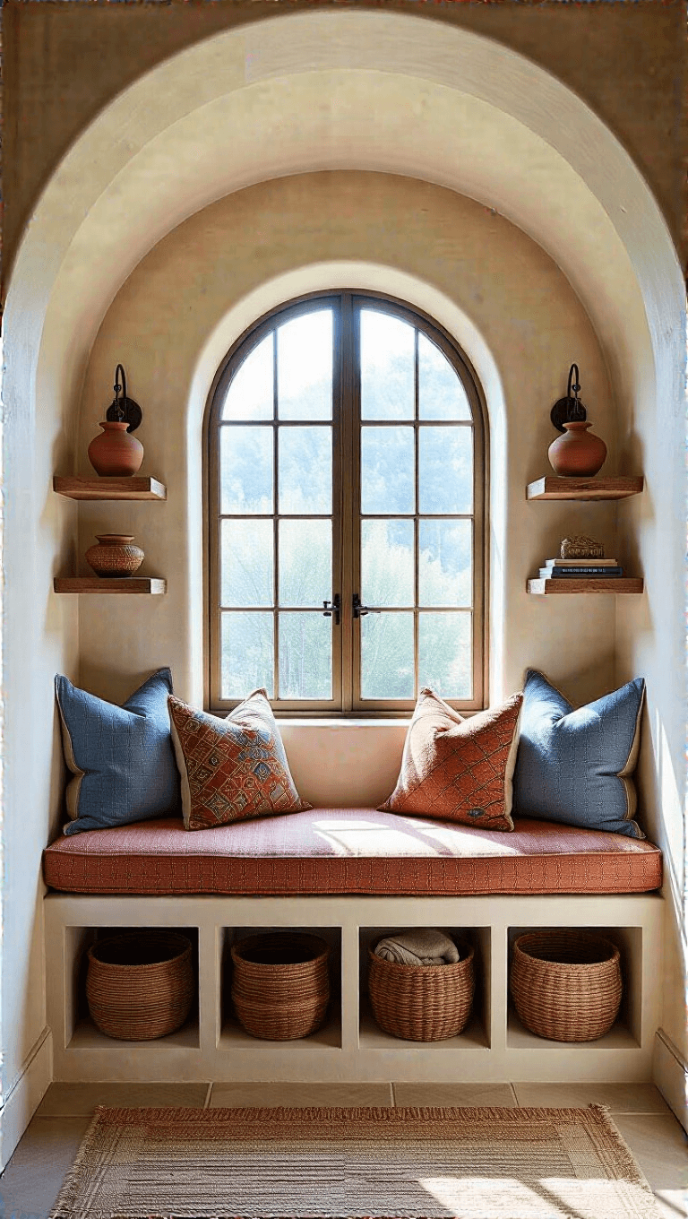 A cozy Mediterranean reading nook in an 8x10ft alcove with curved ceiling, drenched in morning light from an arched window with iron details. The window seat is adorned with blue and terra cotta patterned cushions, with woven baskets of throws underneath. The space boasts handmade ceramic wall sconces and floating wooden shelves displaying various treasures, captured from a seated eye level to encapsulate its intimacy and warmth.