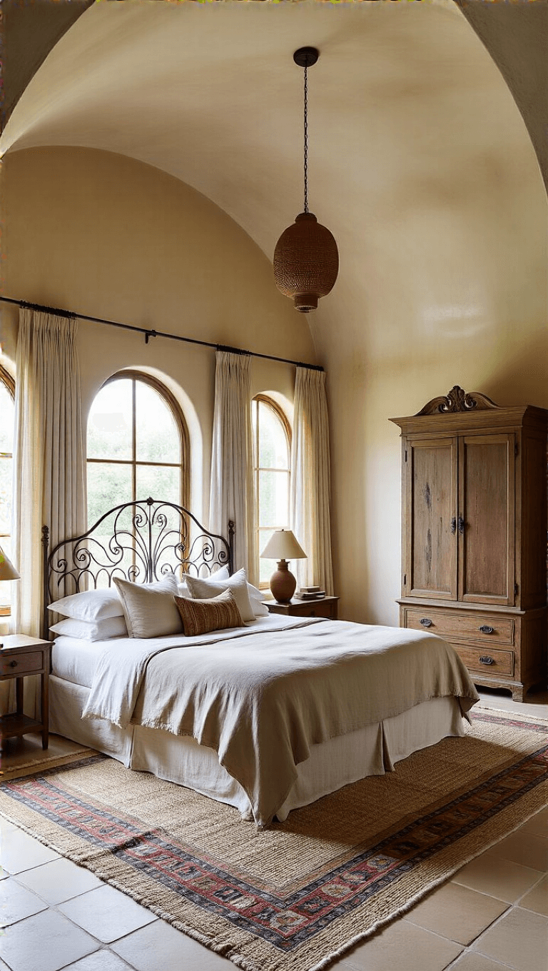 Spacious 16x20ft master bedroom with a barrel-vaulted ceiling, decorated with warm ivory Venetian plaster walls, a wrought iron platform bed with rumpled linen and antique olive wood armoire on Moroccan runners layered sisal rug, and illuminated by morning light through raw linen drapes and terracotta pendants.