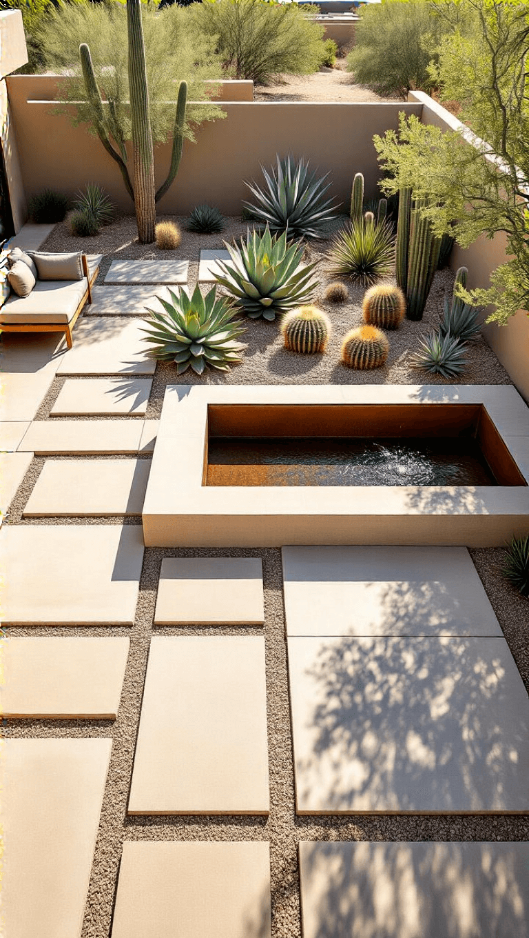 Aerial view of a 12x14ft southwestern-inspired outdoor space at noon. Geometric concrete pavers are arranged on crushed granite, surrounded by a succulent garden with agave and barrel cactus. A floating concrete bench with neutral cushions and a rustic Cor-ten steel water feature serve as focal points. The color scheme includes warm taupe, rusty orange, silver-green, and deep brown under the bold shadow patterns of harsh sunlight.
