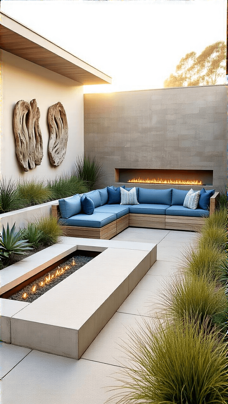 Aerial view of a sunlit coastal California courtyard, featuring mixed materials walls, bleached teak sectional with ocean blue cushions, concrete planters with architectural succulents, a long fire feature, and weathered driftwood art pieces mounted on the walls.