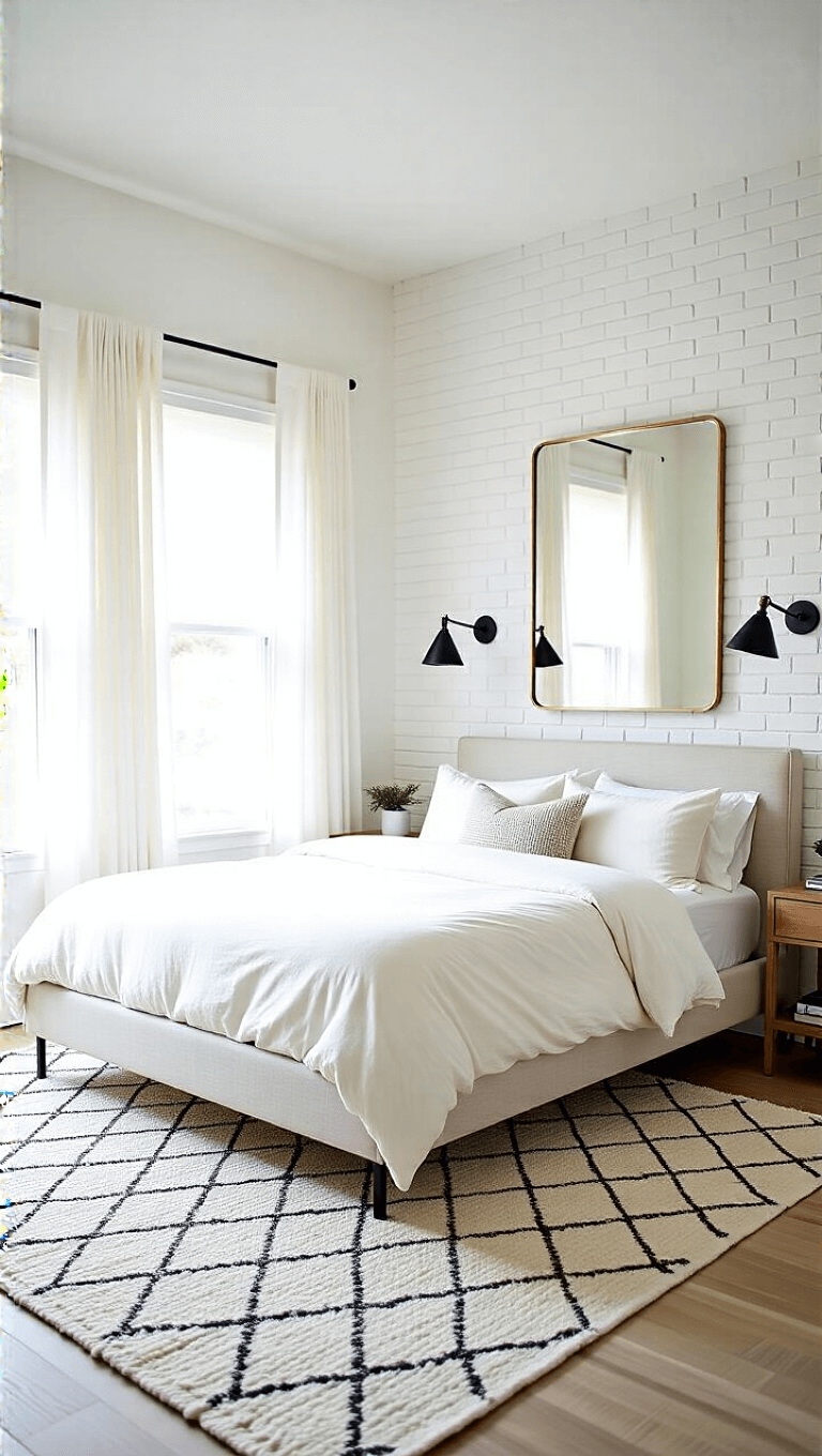 Bright, modern minimalist 14x14ft bedroom at noon featuring a low-profile upholstered oatmeal linen bed with all-white bedding, black metal reading sconces on a white brick wall, an oversized mirror with a thin brass frame, and a handwoven ivory and grey geometric wool rug.