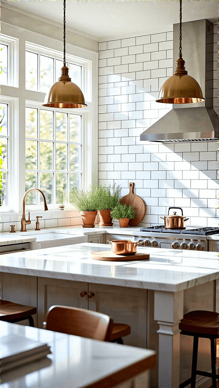 Contemporary kitchen with white herringbone subway tile backsplash, stainless-steel appliances, and marble-topped island illuminated by morning sunlight