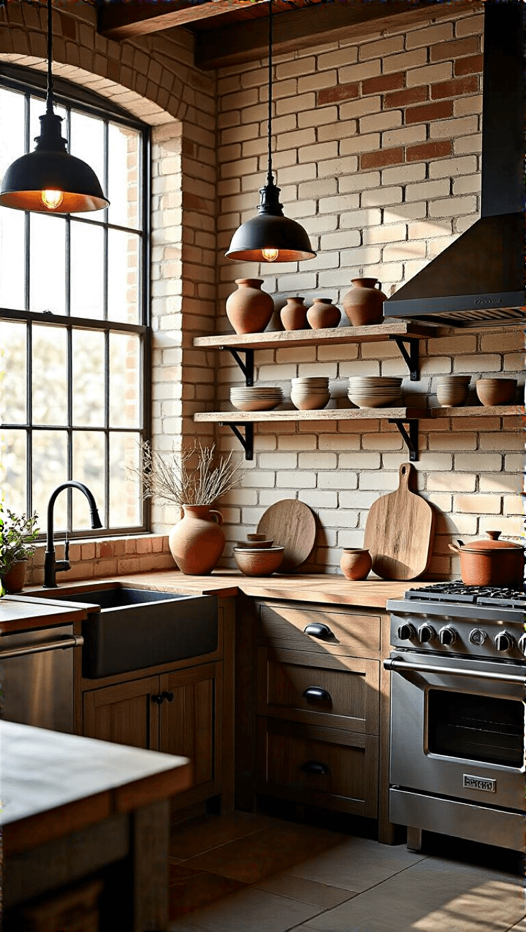 Rustic-industrial kitchen with cream brick tile backsplash, matte black fixtures, dark wood open shelving with pottery, during golden hour light, viewed from corner at eye level.