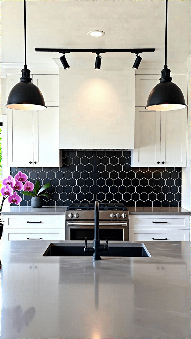 Modern kitchen with black hexagon tile backsplash, white elongated pickets, white cabinetry, and concrete countertops. Features include dramatic track lighting and minimalistic black accessories.