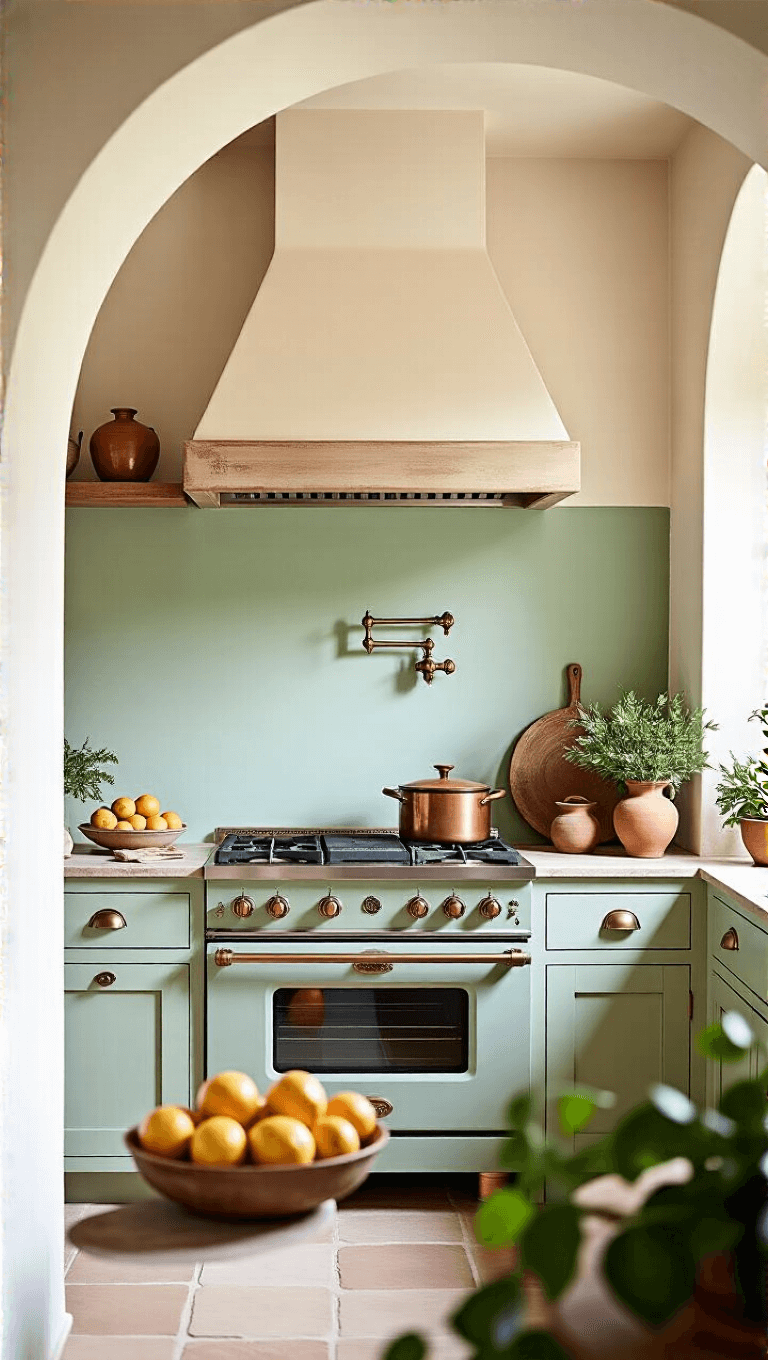 Mediterranean-inspired kitchen with sage green limewash backsplash, antique brass fixtures, and handmade ceramic accessories. Includes copper pots, fresh citrus, and trailing vines with a color palette of sage green, warm whites, aged brass, and terra cotta.