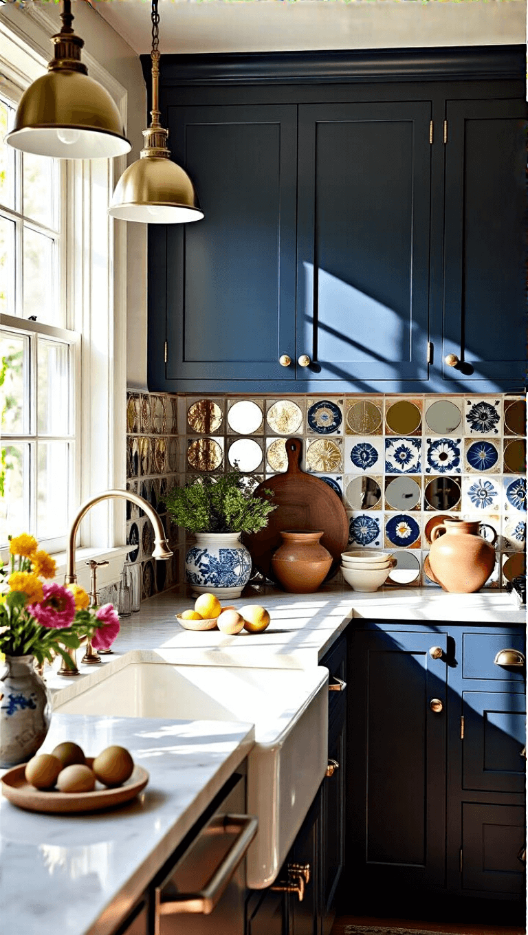 Corner view of eclectic 13x15ft kitchen with jewel-toned ceramic tile and mirror fragment backsplash, metallic accents, vintage-modern fusion cabinets, and mix-match hardware under afternoon light.